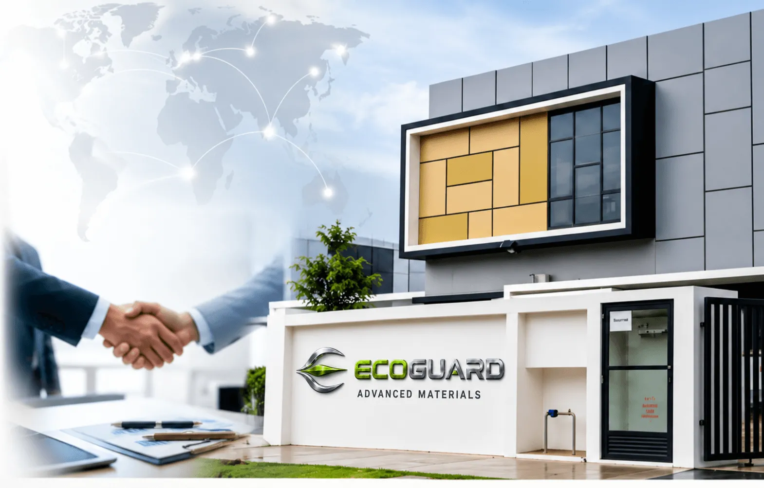 EcoGuard Handshake and Facility Building with Mounted Logo